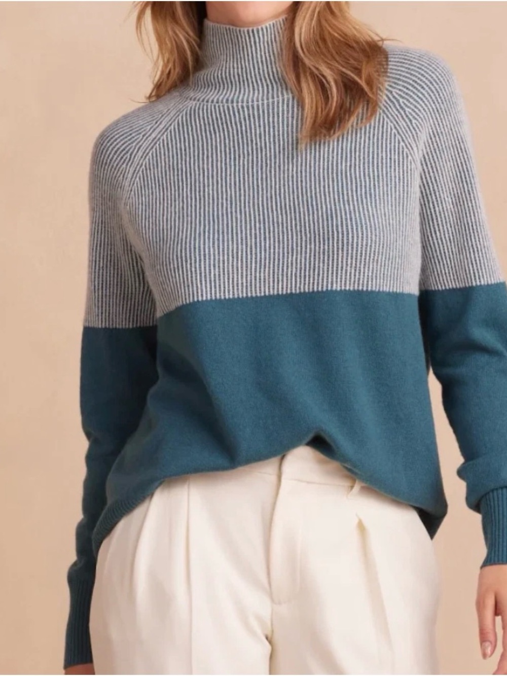 summersalt Two-Tone Ribbed Cashmere-Blend Turtleneck Sweater in White and Teal